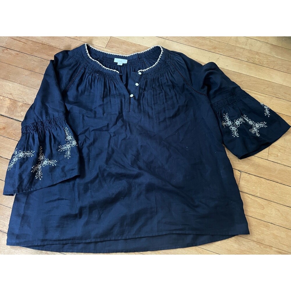 J Jill Floral Embroidered Tunic Top Womens S Small Navy Blue Peasant Boho